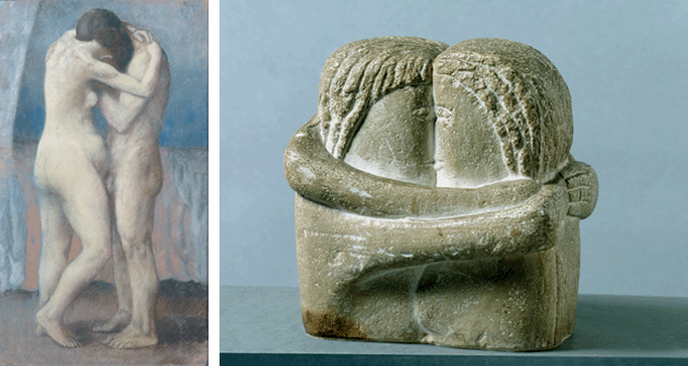Pablo Picasso, The Embrace, 1903, Musée de l’Orangerie, Paris CAPTION:  Constantin Brancusi, The Kiss, 1907, Hamburger Kunsthalle, Hamburg, Germany. Image: Bridgeman Images, Artwork: © ADAGP, Paris and DACS, London 2022